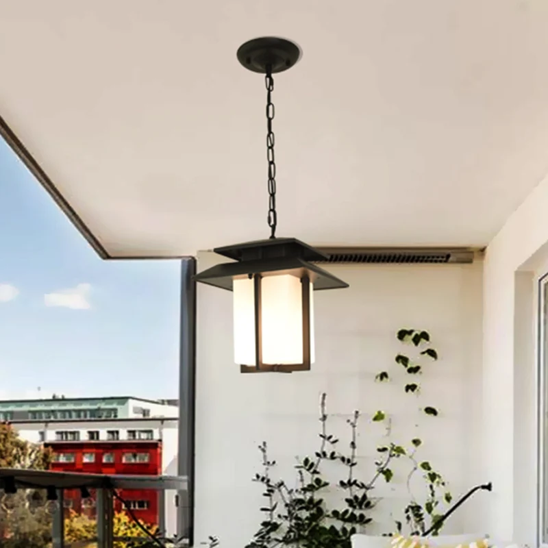 Melkglas zwarte ophanglantaarn 1-lichts landelijke hanglamp voor balkon Clearhalo