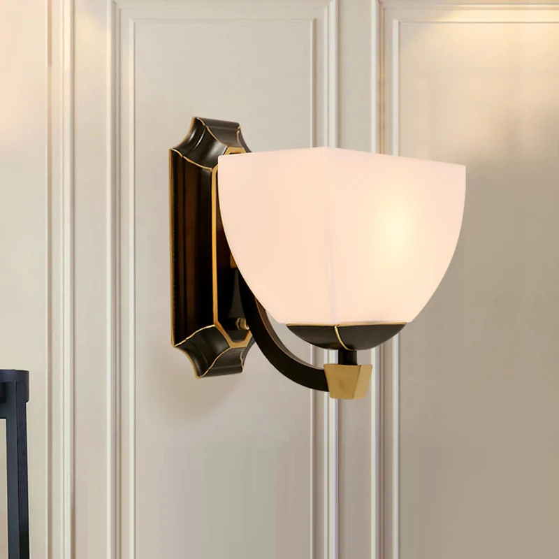 Melkglas zwarte wandverlichting Bowled 1 kop retro-stijl schanslamp voor woonkamer Clearhalo