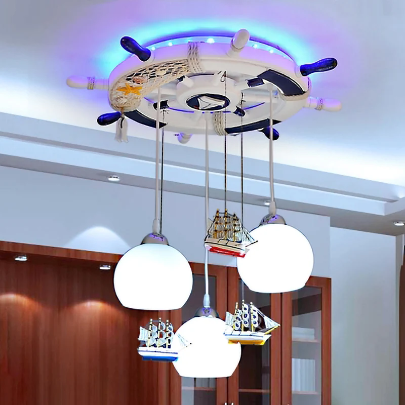 Melkglazen bol plafondhanger met roer en schip Kinderslaapkamer 3-lichts nautische hanglamp wit Clearhalo