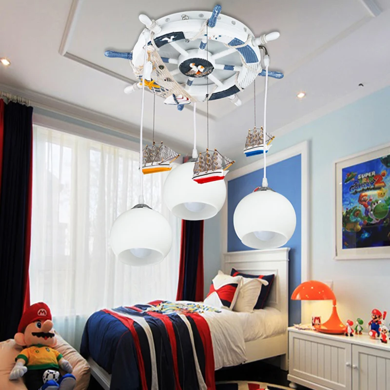 Melkglazen bol plafondhanger met roer en schip Kinderslaapkamer 3-lichts nautische hanglamp wit Clearhalo