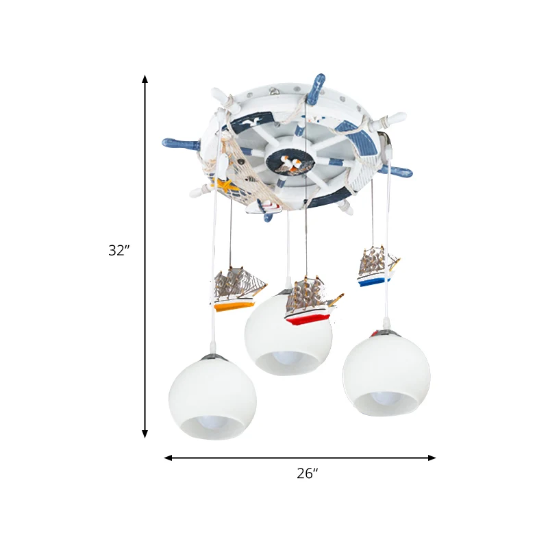Melkglazen bol plafondhanger met roer en schip Kinderslaapkamer 3-lichts nautische hanglamp wit Clearhalo