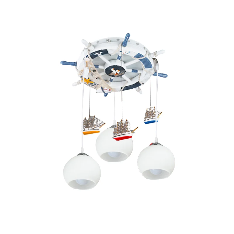 Melkglazen bol plafondhanger met roer en schip Kinderslaapkamer 3-lichts nautische hanglamp wit Clearhalo