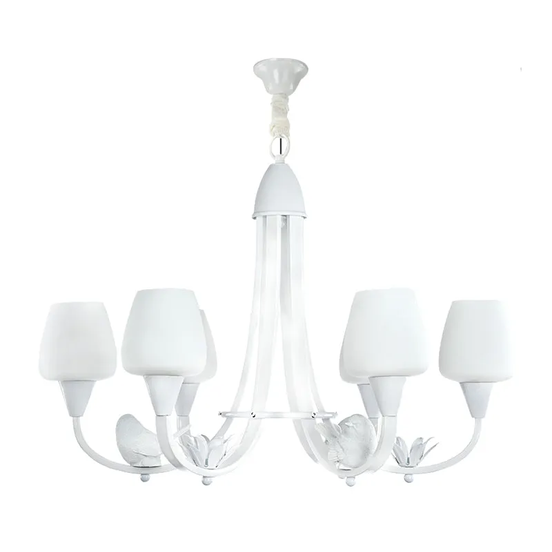 Melkglazen knopkroonluchter met vogeldeco 6 lichts moderne hanglamp wit voor woonkamer Clearhalo
