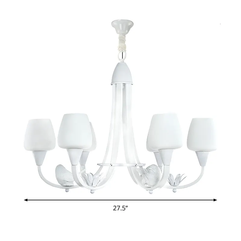 Melkglazen knopkroonluchter met vogeldeco 6 lichts moderne hanglamp wit voor woonkamer Clearhalo