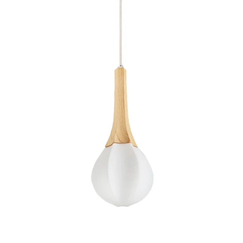 Melkwit glas prismatische druppelvormige hanger Minimalistische 1-lichte houten plafondophanglamp Clearhalo