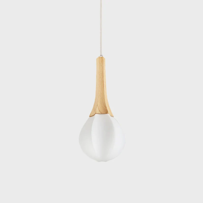 Melkwit glas prismatische druppelvormige hanger Minimalistische 1-lichte houten plafondophanglamp Clearhalo