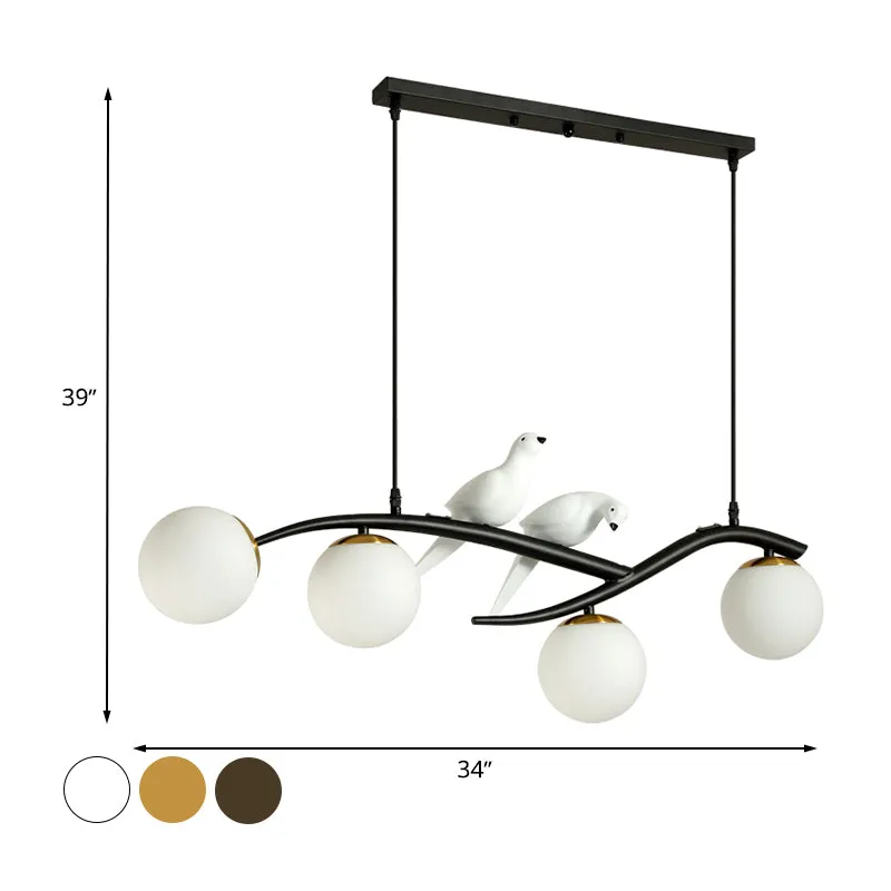 Melkwit/rookgrijs glazen bol kroonluchter licht minimaal 4 lampen ophanging hanglamp zwart/goud met vogeldeco Clearhalo