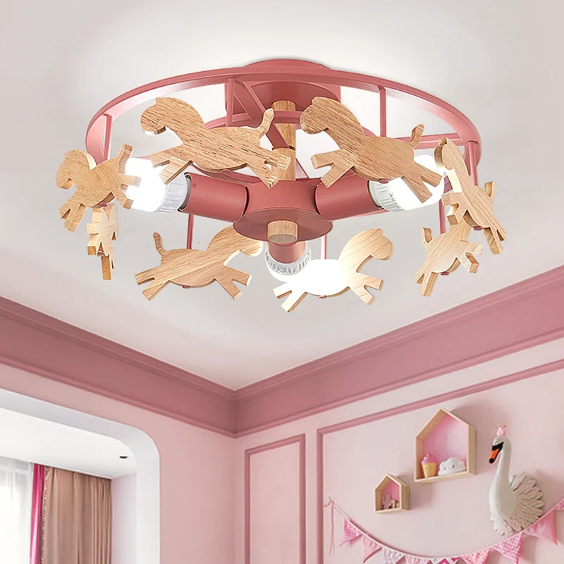 Merry-Go-Round Kleuterschool Plafondlamp Houten 3-koppige kinderlamp met semi-inbouwmontage Clearhalo