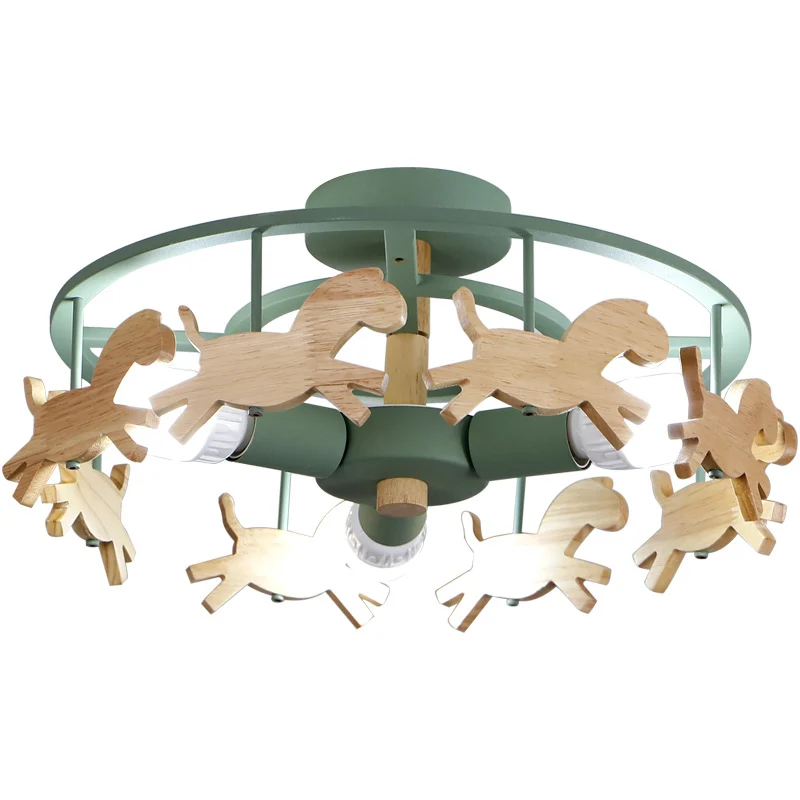 Merry-Go-Round Kleuterschool Plafondlamp Houten 3-koppige kinderlamp met semi-inbouwmontage Clearhalo