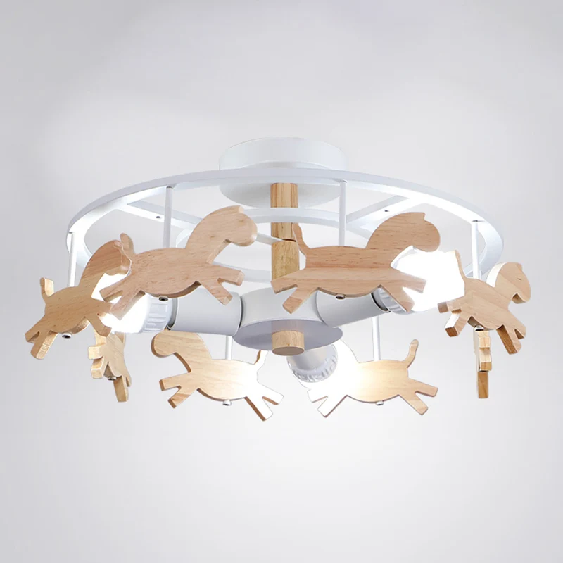 Merry-Go-Round Kleuterschool Plafondlamp Houten 3-koppige kinderlamp met semi-inbouwmontage Clearhalo
