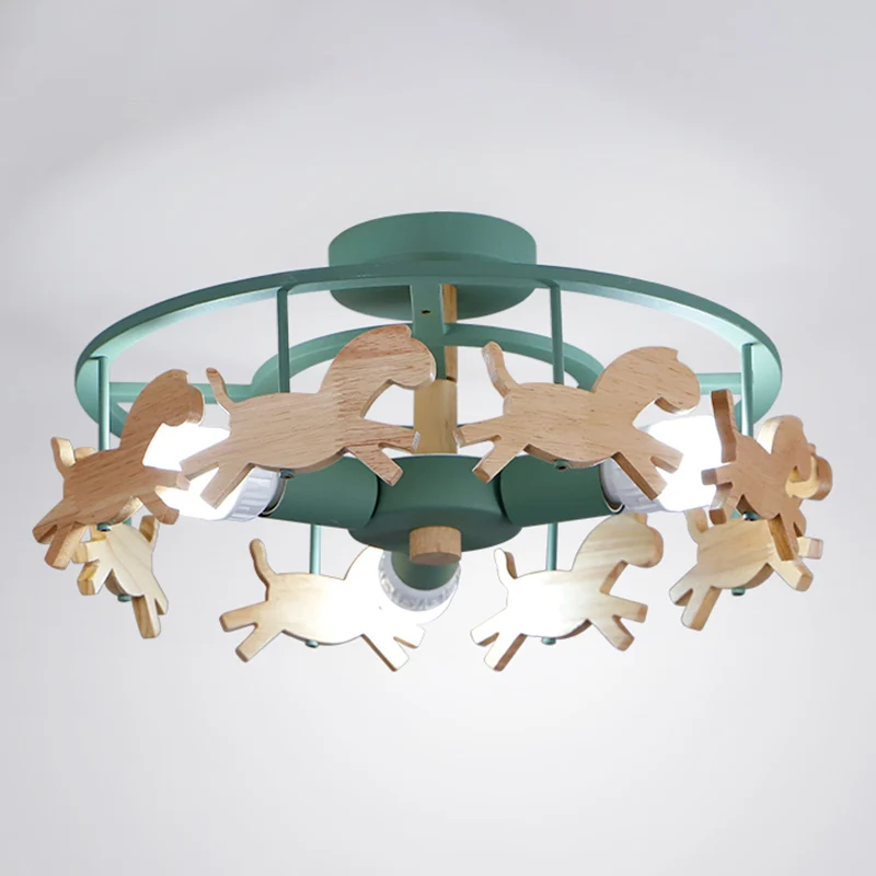 Merry-Go-Round Kleuterschool Plafondlamp Houten 3-koppige kinderlamp met semi-inbouwmontage Clearhalo
