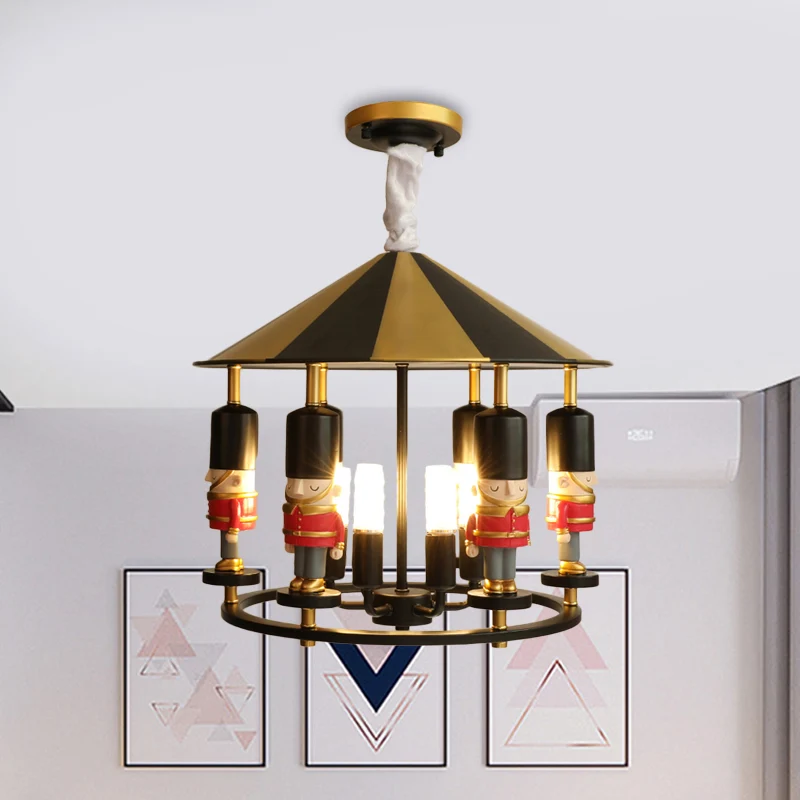 Merry-Go-Round soldaat kroonluchter kinderstijl hars 5-koppig zwart/blauw hangend lichtarmatuur Clearhalo