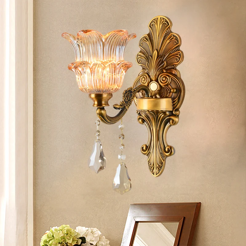 Messing 1/2-Head Sconce Lighting Mid Century helder kristalglas bloemenkap wandlamp Clearhalo