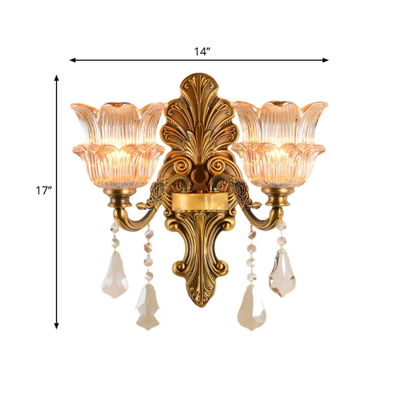 Messing 1/2-Head Sconce Lighting Mid Century helder kristalglas bloemenkap wandlamp Clearhalo