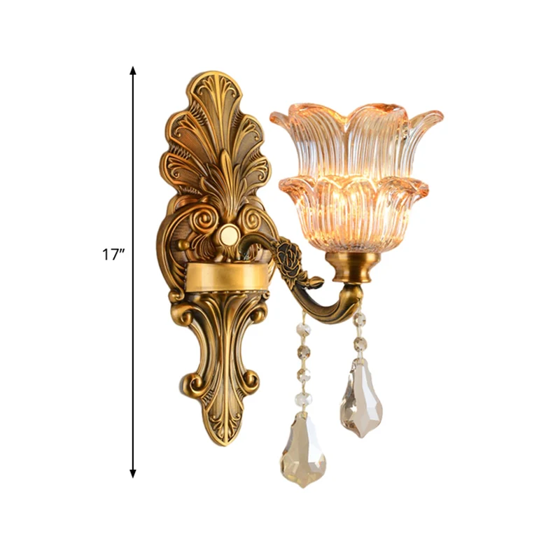 Messing 1/2-Head Sconce Lighting Mid Century helder kristalglas bloemenkap wandlamp Clearhalo