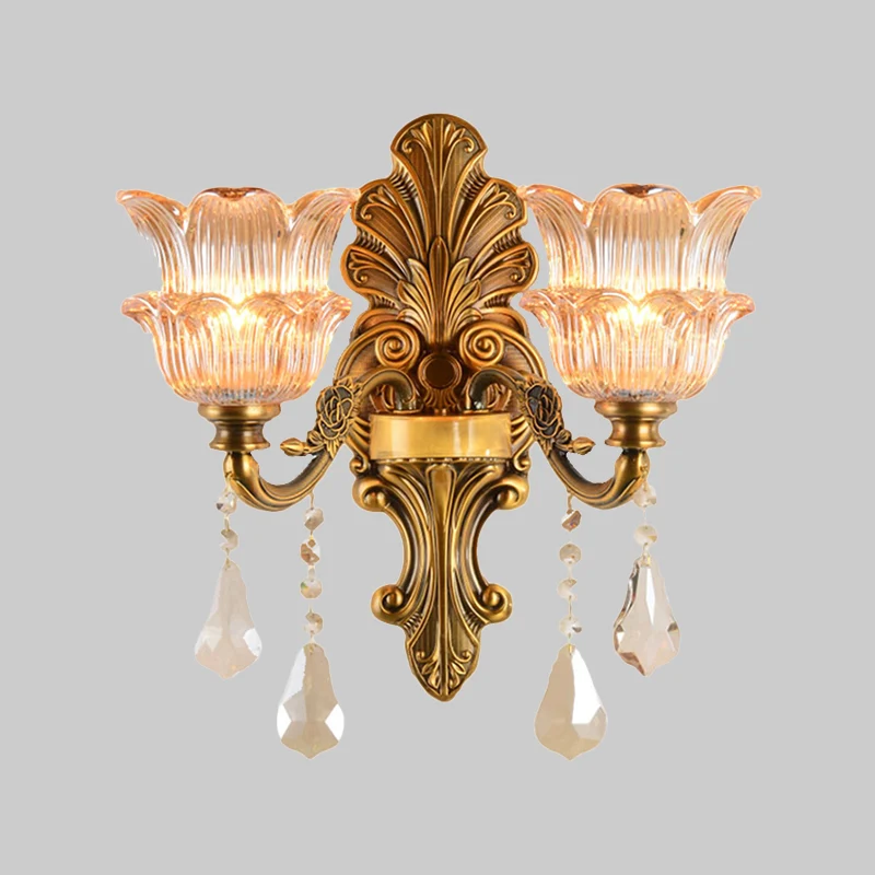 Messing 1/2-Head Sconce Lighting Mid Century helder kristalglas bloemenkap wandlamp Clearhalo