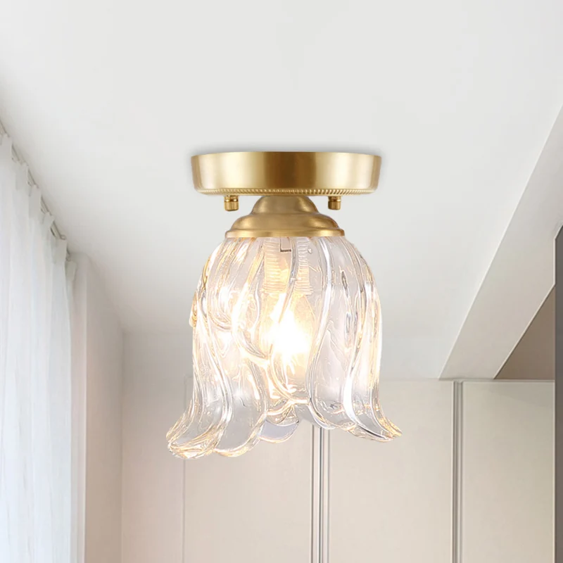 Messing 1-licht semi-inbouw traditioneel helder rimpel/gecanneleerd glazen kegel/bloem plafond vlak voor woonkamer Clearhalo