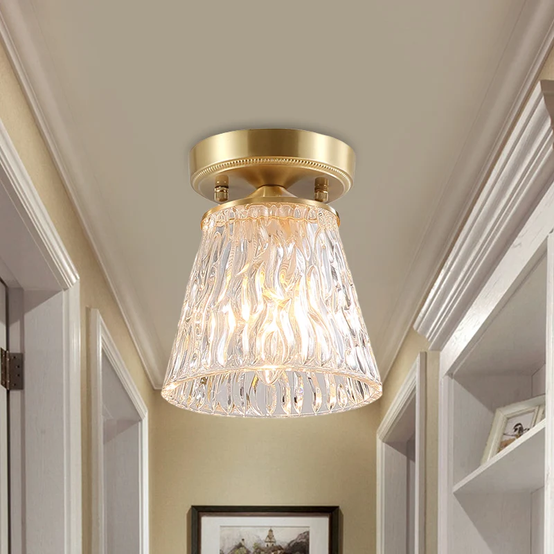 Messing 1-licht semi-inbouw traditioneel helder rimpel/gecanneleerd glazen kegel/bloem plafond vlak voor woonkamer Clearhalo