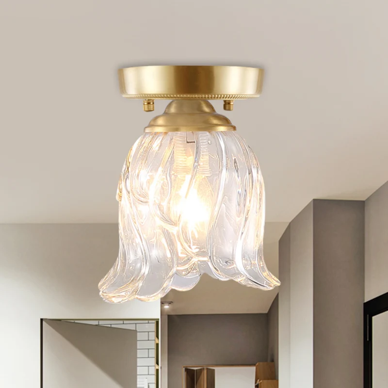 Messing 1-licht semi-inbouw traditioneel helder rimpel/gecanneleerd glazen kegel/bloem plafond vlak voor woonkamer Clearhalo