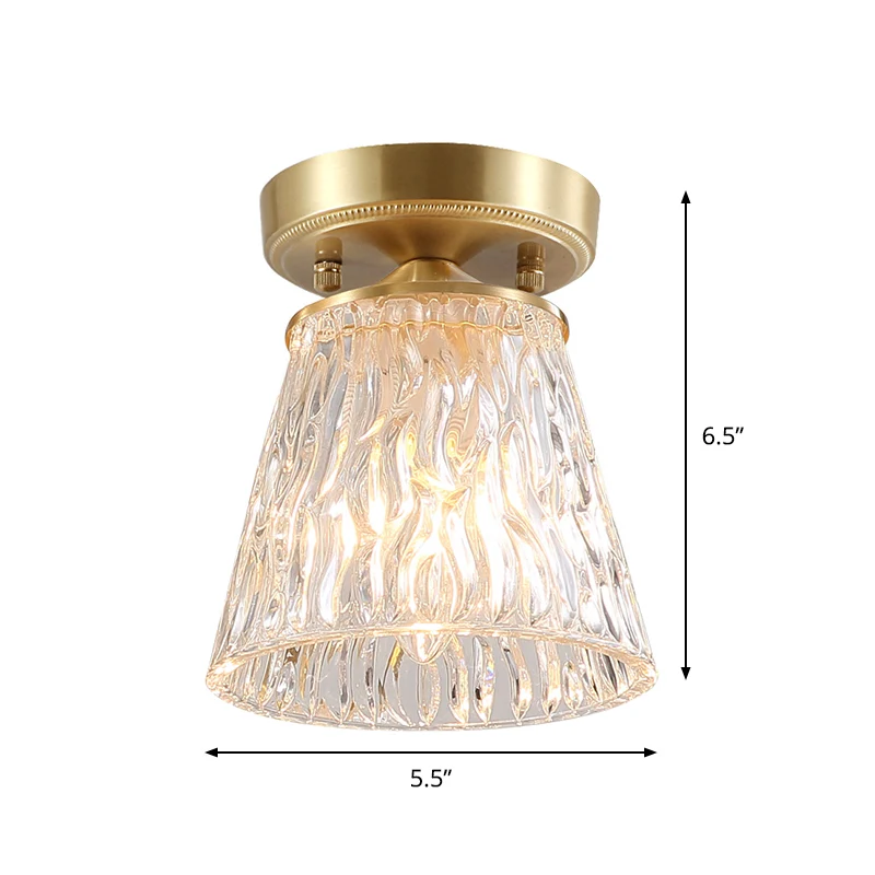 Messing 1-licht semi-inbouw traditioneel helder rimpel/gecanneleerd glazen kegel/bloem plafond vlak voor woonkamer Clearhalo