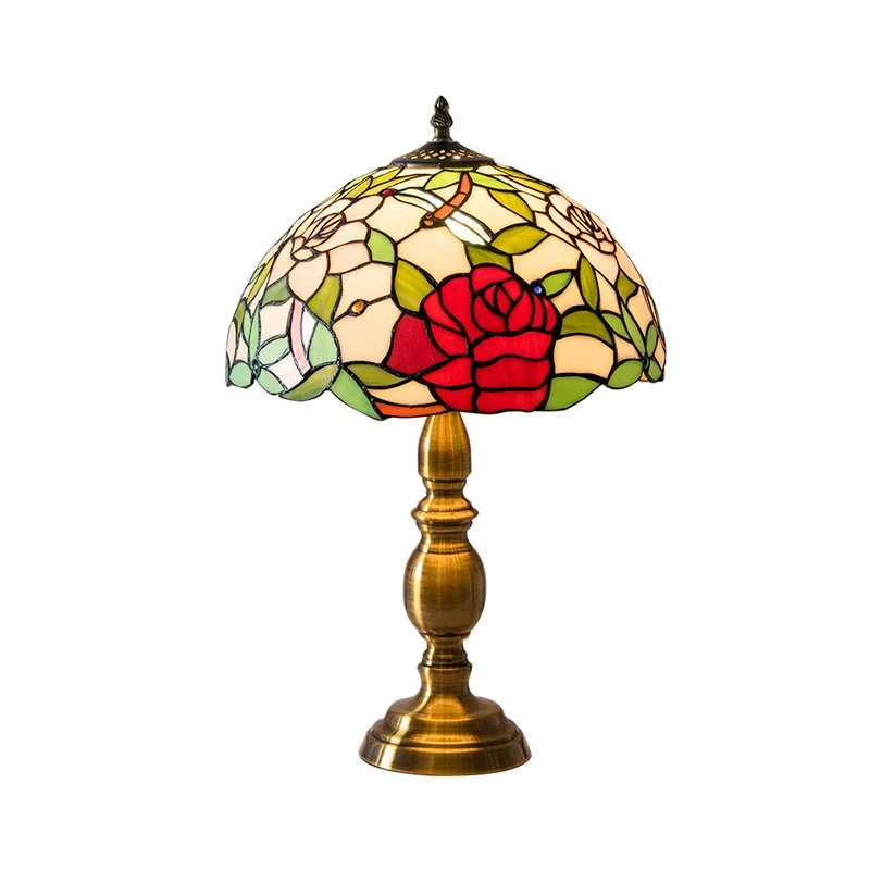 Messing 1-lichts nachtlamp, traditionele groene glazen koepel, taakverlichting met roos- en libellenpatroon Clearhalo