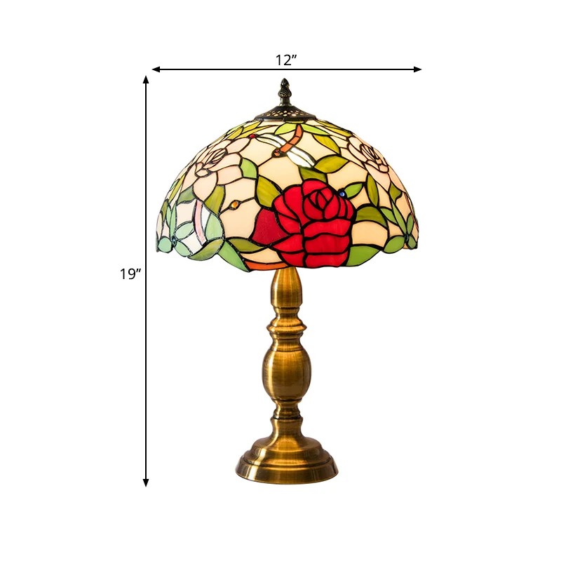 Messing 1-lichts nachtlamp, traditionele groene glazen koepel, taakverlichting met roos- en libellenpatroon Clearhalo