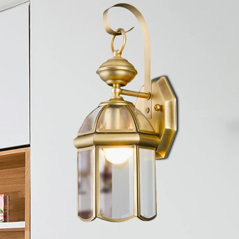 Messing 1-lichts wandlamp schans traditionele metalen lantaarn wandgemonteerde lamp met helderglazen kap Clearhalo