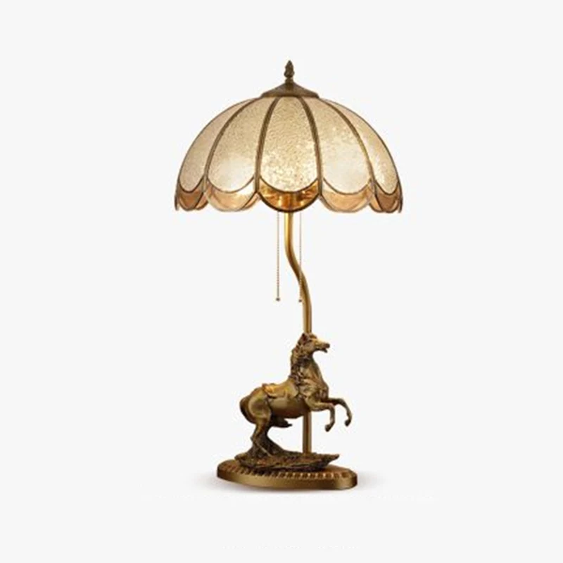 Messing 2-lichts tafellamp vintage waterglas geschulpte nachtlamp met trekketting en paardendeco Clearhalo