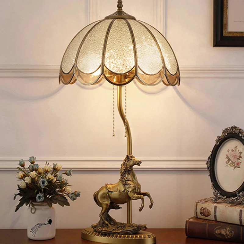 Messing 2-lichts tafellamp vintage waterglas geschulpte nachtlamp met trekketting en paardendeco Clearhalo
