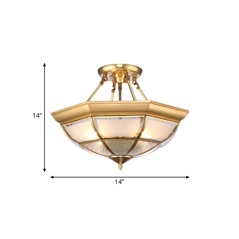 Messing 4-lichts semi-verzonken plafondlamp kolonialisme gebogen matglazen koepel plafondmontage kroonluchter voor woonkam...