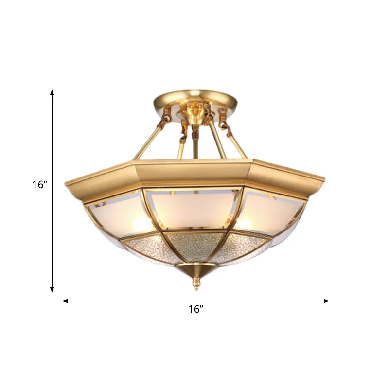 Messing 4-lichts semi-verzonken plafondlamp kolonialisme gebogen matglazen koepel plafondmontage kroonluchter voor woonkam...