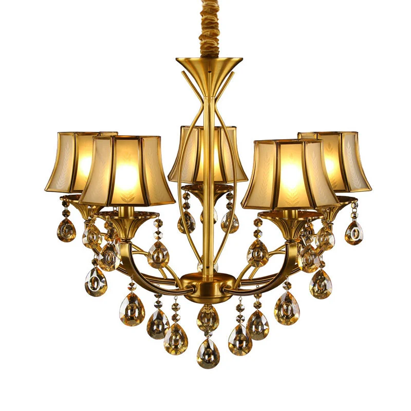 Messing 5-lichts hangende hanglamp Europese kristallen bollen Empire Shade plafondkroonluchter Clearhalo