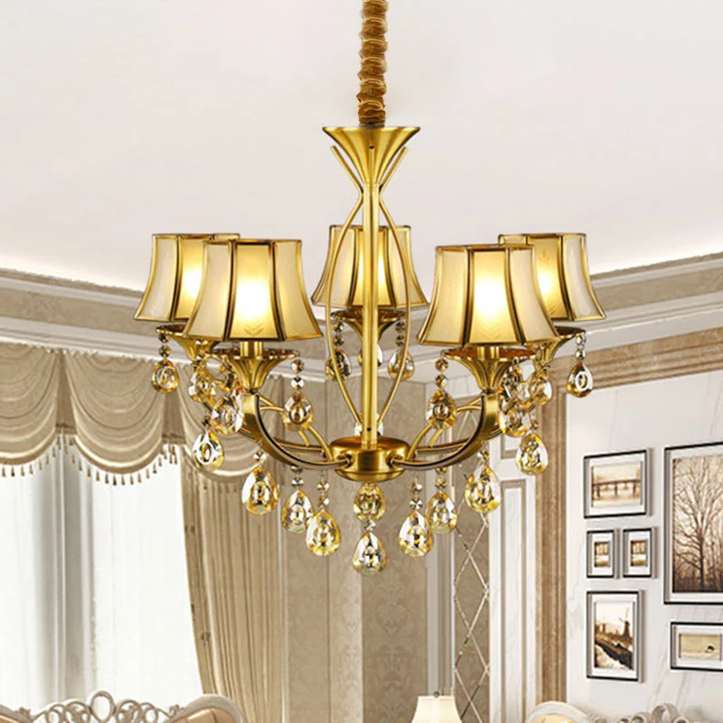 Messing 5-lichts hangende hanglamp Europese kristallen bollen Empire Shade plafondkroonluchter Clearhalo