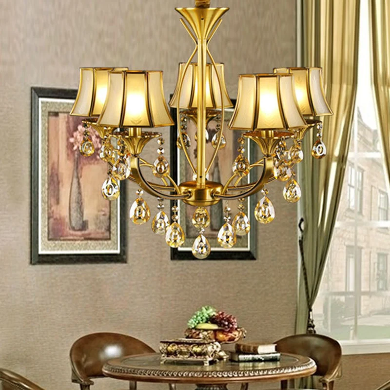 Messing 5-lichts hangende hanglamp Europese kristallen bollen Empire Shade plafondkroonluchter Clearhalo