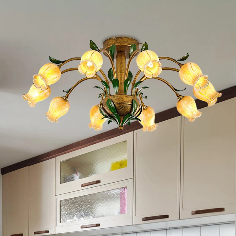 Messing 6/8/10 lampen semi-inbouw Amerikaanse tuin metalen tulp LED dicht bij plafond verlichtingsarmatuur voor woonkamer...