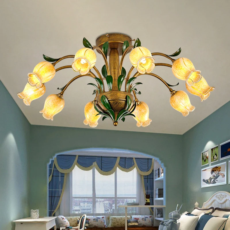 Messing 6/8/10 lampen semi-inbouw Amerikaanse tuin metalen tulp LED dicht bij plafond verlichtingsarmatuur voor woonkamer...