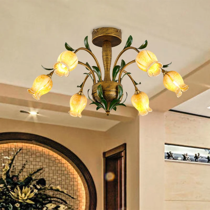 Messing 6/8/10 lampen semi-inbouw Amerikaanse tuin metalen tulp LED dicht bij plafond verlichtingsarmatuur voor woonkamer...