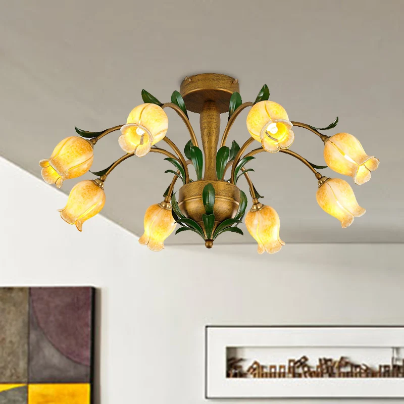 Messing 6/8/10 lampen semi-inbouw Amerikaanse tuin metalen tulp LED dicht bij plafond verlichtingsarmatuur voor woonkamer...
