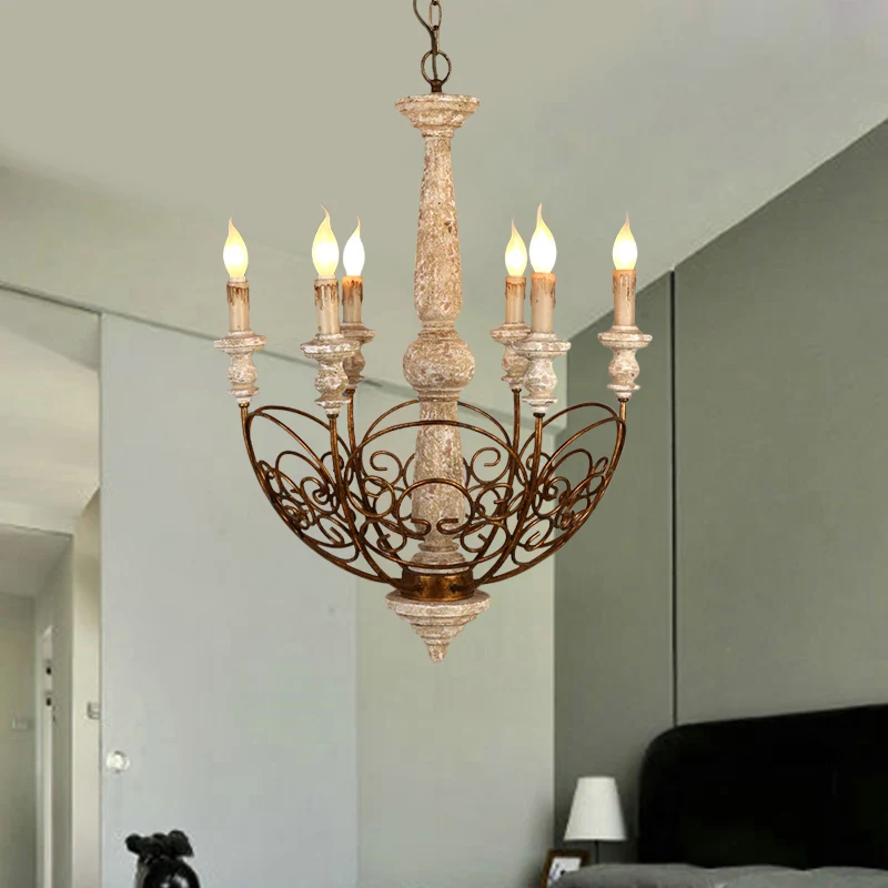 Messing 6-lichts kroonluchter verlichting rustieke houten kandelaar hanglamp voor woonkamer Clearhalo