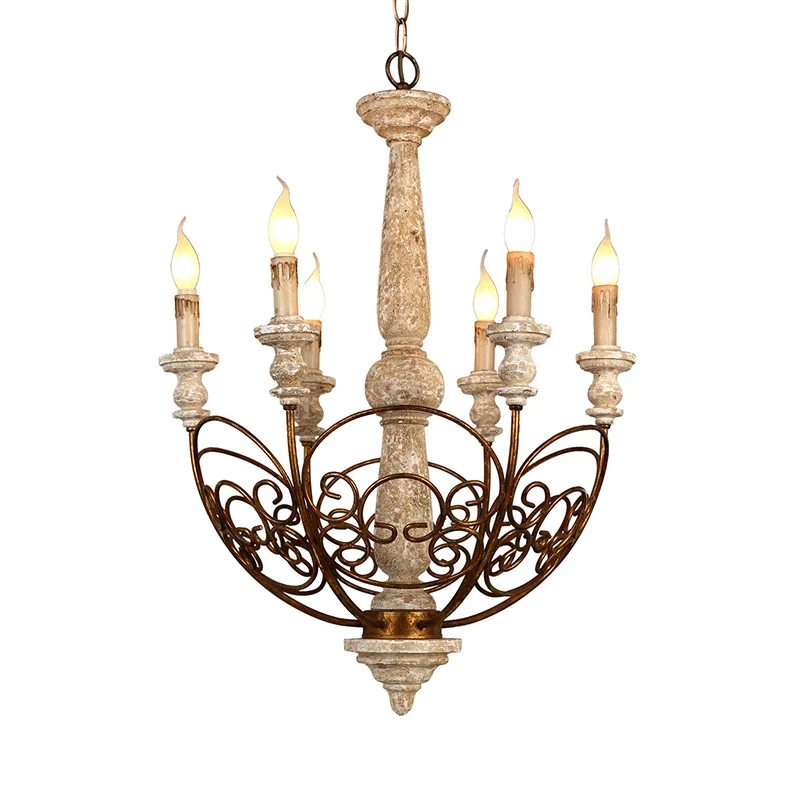 Messing 6-lichts kroonluchter verlichting rustieke houten kandelaar hanglamp voor woonkamer Clearhalo