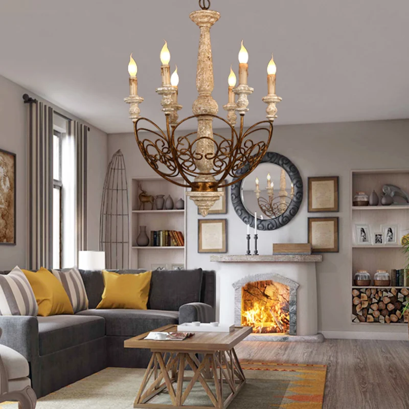 Messing 6-lichts kroonluchter verlichting rustieke houten kandelaar hanglamp voor woonkamer Clearhalo