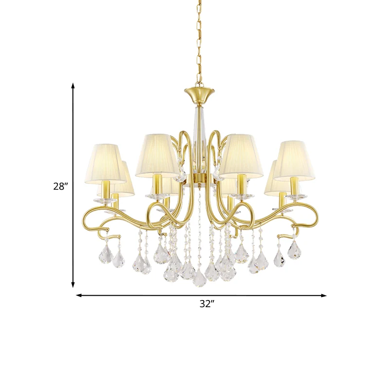 Messing 8-koppige kristallen plafondkroonluchter Landelijke stijl Metallic wervelarm slingerlamp met kegelvormige stoffen...
