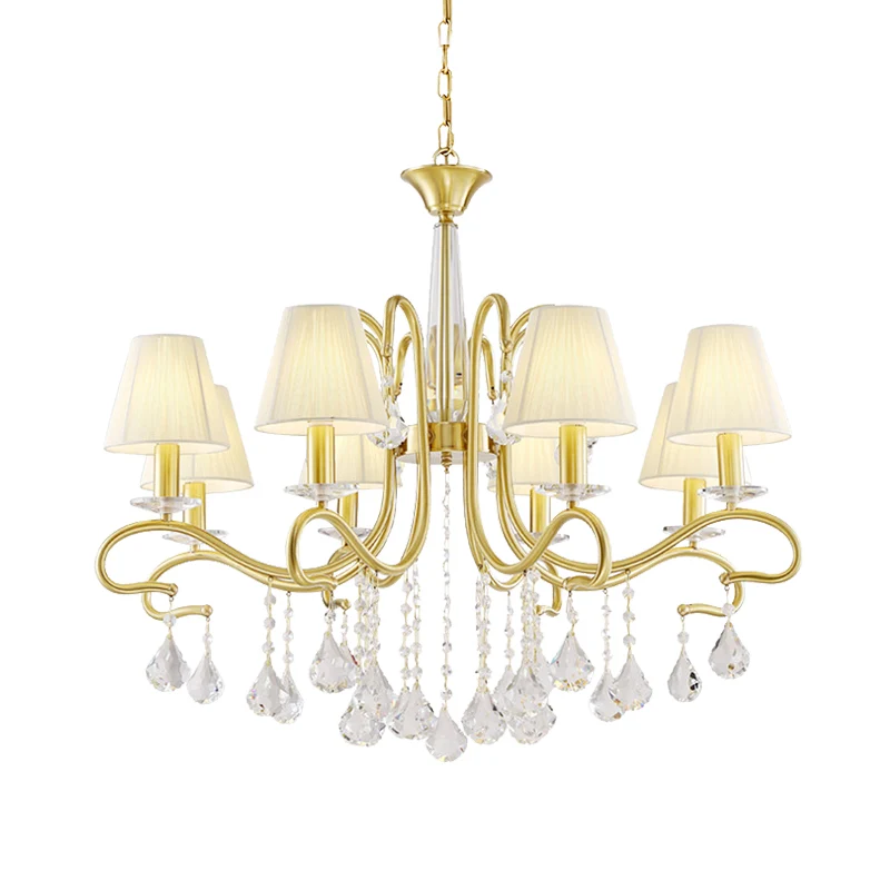 Messing 8-koppige kristallen plafondkroonluchter Landelijke stijl Metallic wervelarm slingerlamp met kegelvormige stoffen...