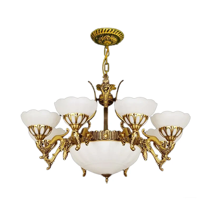 Messing 9-lichts hanglampset Traditionele melkglas geschulpte kroonluchter voor woonkamer Clearhalo