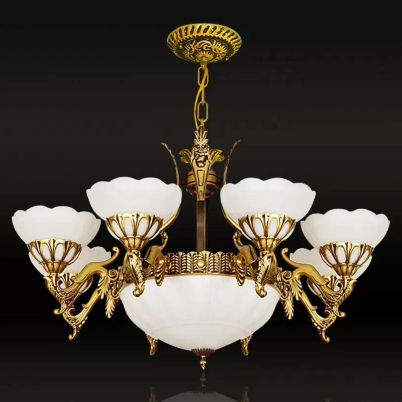Messing 9-lichts hanglampset Traditionele melkglas geschulpte kroonluchter voor woonkamer Clearhalo