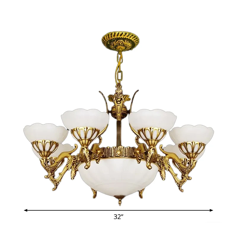 Messing 9-lichts hanglampset Traditionele melkglas geschulpte kroonluchter voor woonkamer Clearhalo