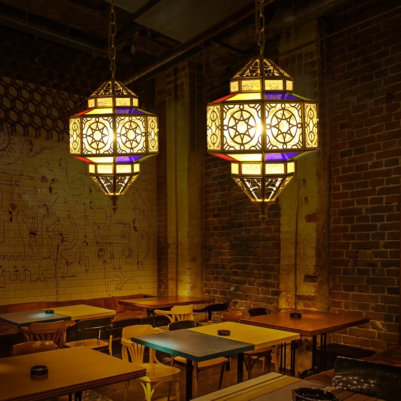 Messing achthoekige hanglamp antiek metaal 1-lamps plafondhanglamp met verstelbare ketting Clearhalo