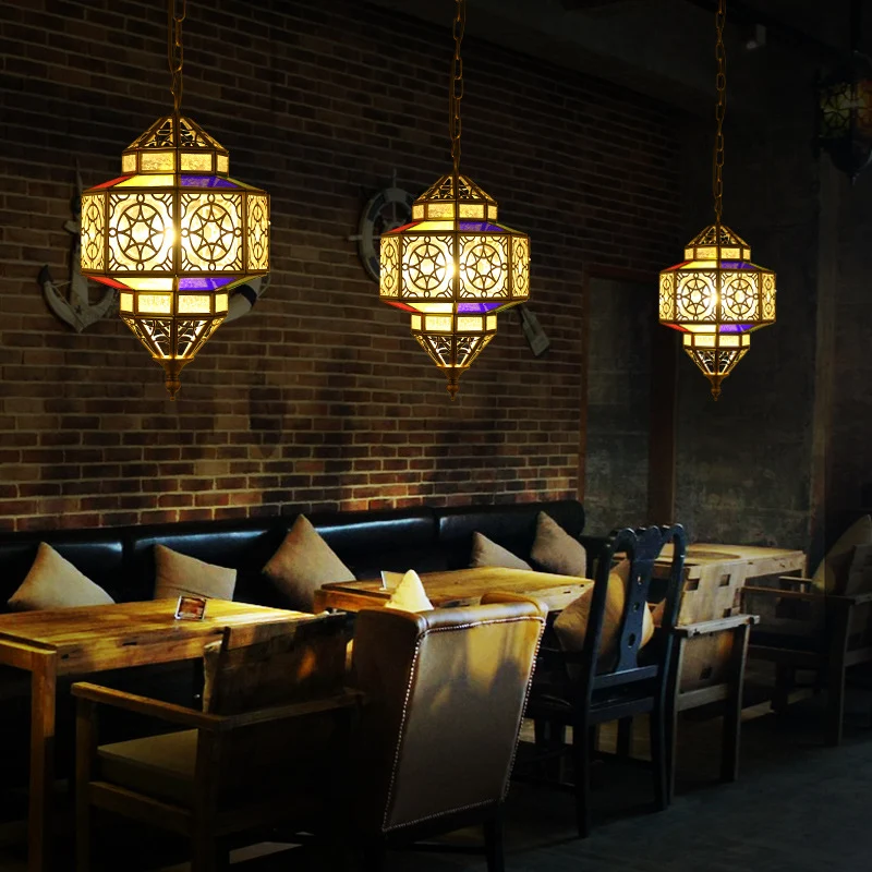 Messing achthoekige hanglamp antiek metaal 1-lamps plafondhanglamp met verstelbare ketting Clearhalo