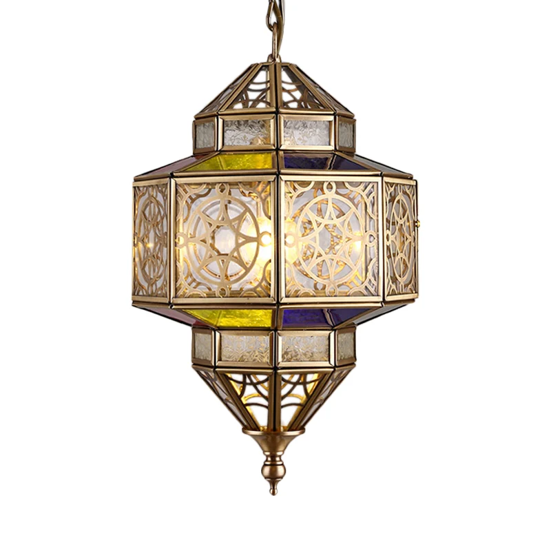 Messing achthoekige hanglamp antiek metaal 1-lamps plafondhanglamp met verstelbare ketting Clearhalo