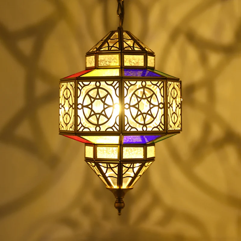 Messing achthoekige hanglamp antiek metaal 1-lamps plafondhanglamp met verstelbare ketting Clearhalo